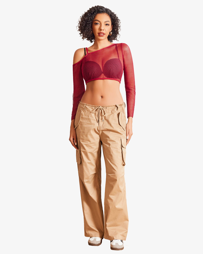 Burgundy fishnet crop top, asymmetrical neck, brown cargo pants, see-through lingerie