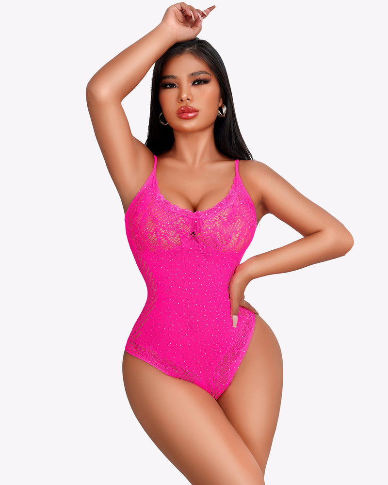 Pink fishnet rhinestone bodysuit with lace trim, enhancing curves and confidence, sexy lingerie
