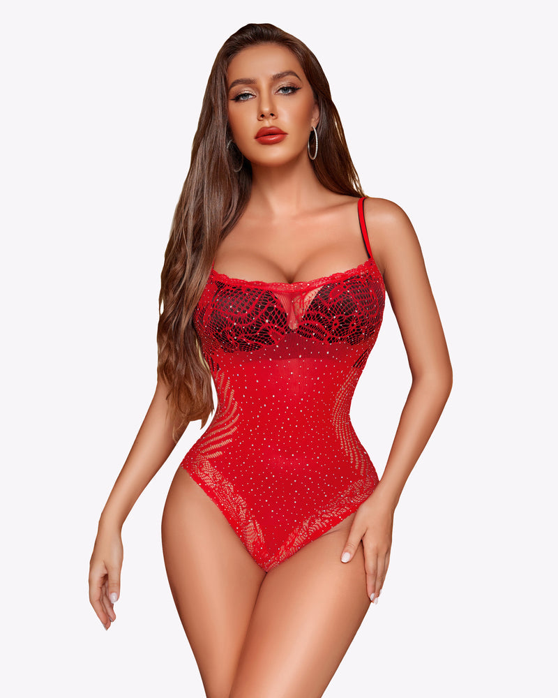 Red rhinestone fishnet bodysuit with lace trim, enhancing curves, sexy lingerie.