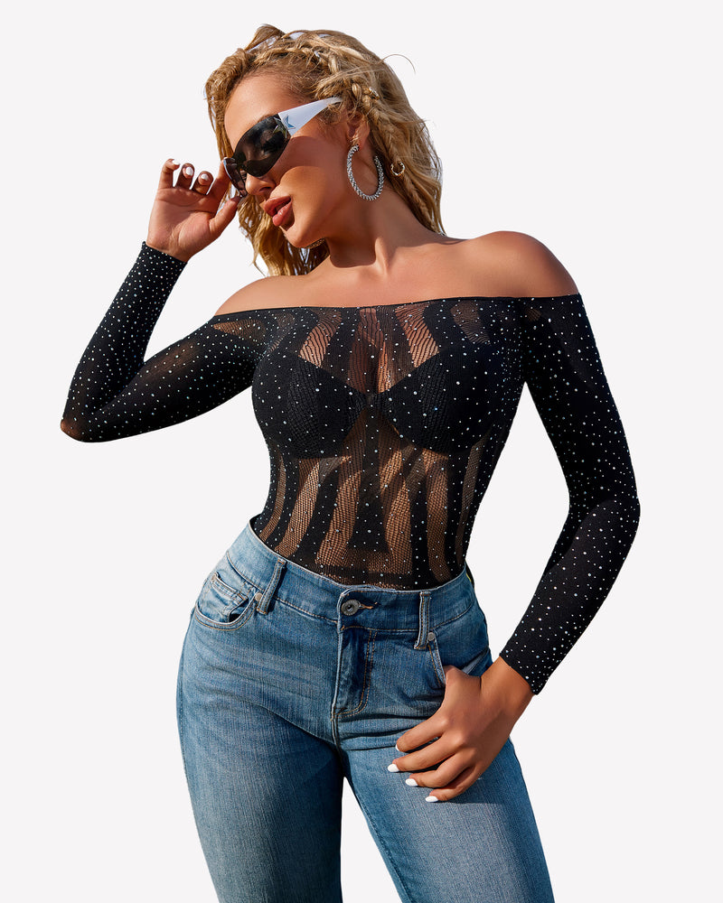 Rhinestone fishnet bodysuit, black, off-shoulder, long sleeve, sexy lingerie, sparkling