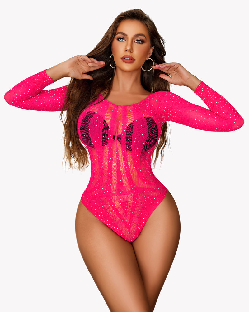 Hot pink rhinestone fishnet bodysuit, long sleeve, sexy lingerie, flattering design