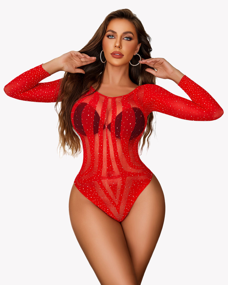 Red rhinestone fishnet bodysuit, long sleeve, sexy lingerie with sparkling design, flattering fit