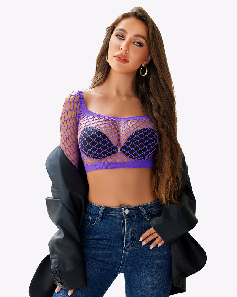 Purple fishnet lingerie top and black bra. Chic, flattering design, perfect for XS-XXL.