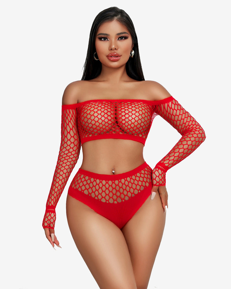 Red fishnet lingerie set with off-shoulder top and high-waisted bottoms. Chic and flattering design.