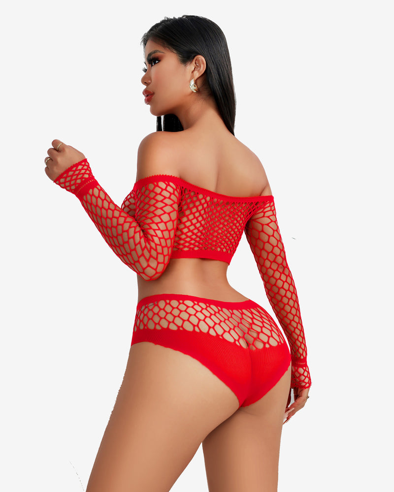 Red fishnet lingerie set. Off-shoulder top, high-waisted bottoms. Chic and flattering design.