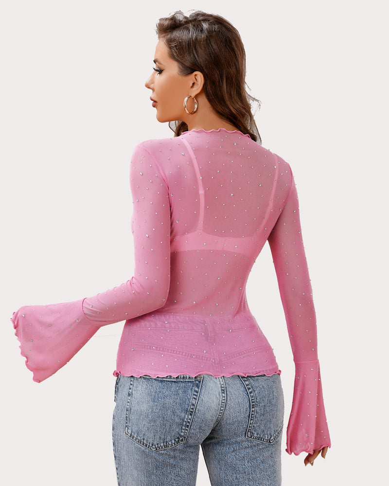 Pink mesh rhinestone top with bell sleeves, creating a sexy and confident look by Avidlove