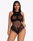 White lace rhinestone fishnet bodysuit with diamond cut-outs enhancing curves, styled with blazer.