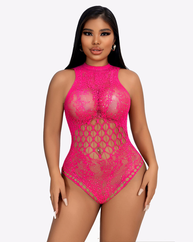 Rhinestone fishnet bodysuit. Fuchsia lingerie with cut-out design, mesh and sparkle details.