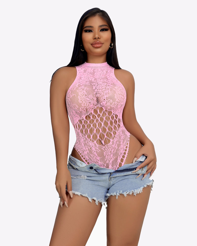 Pink fishnet bodysuit with cut-out design, sexy lingerie, and denim shorts. Avidlove.