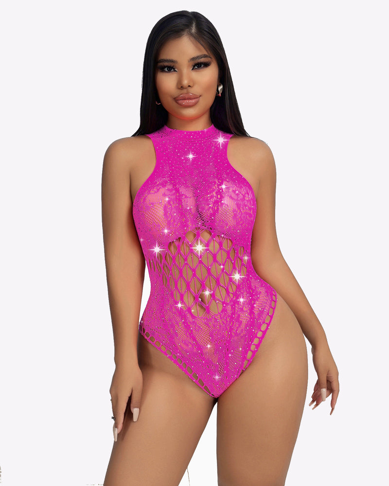 Hot pink rhinestone fishnet bodysuit with cut-out design and mesh details, Avidlove lingerie
