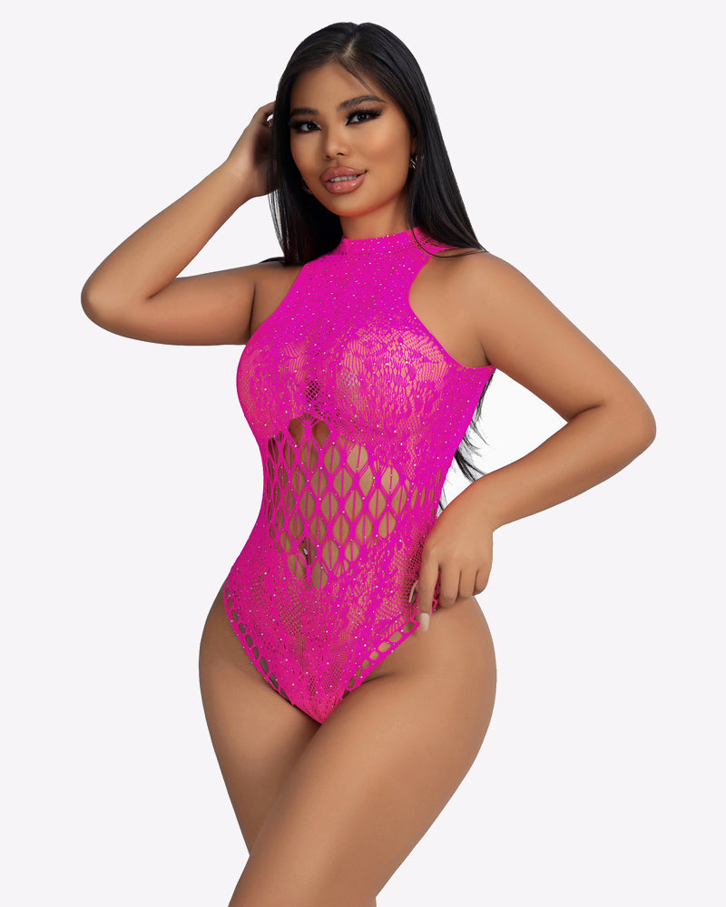 Hot pink rhinestone fishnet bodysuit with cut-out design, sexy lingerie for women by Avidlove