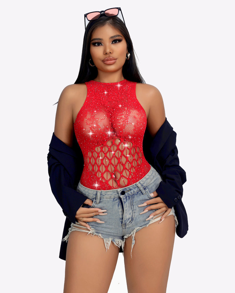 Red rhinestone fishnet bodysuit, cut-out and mesh details, Avidlove lingerie, denim shorts