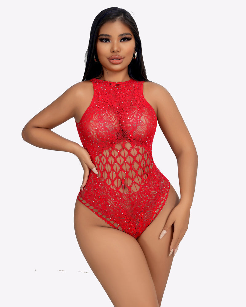 Red rhinestone fishnet bodysuit with cut-out and mesh details. Sexy lingerie for women by Avidlove.