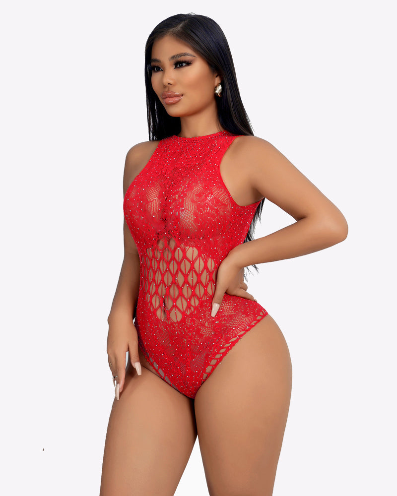 Red rhinestone fishnet bodysuit, cut-out design and mesh details. Sexy lingerie for women, Avidlove