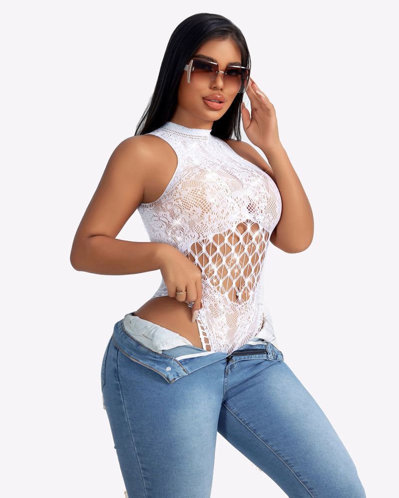 White fishnet bodysuit with cut-out design, paired with jeans, Avidlove lingerie, sexy look