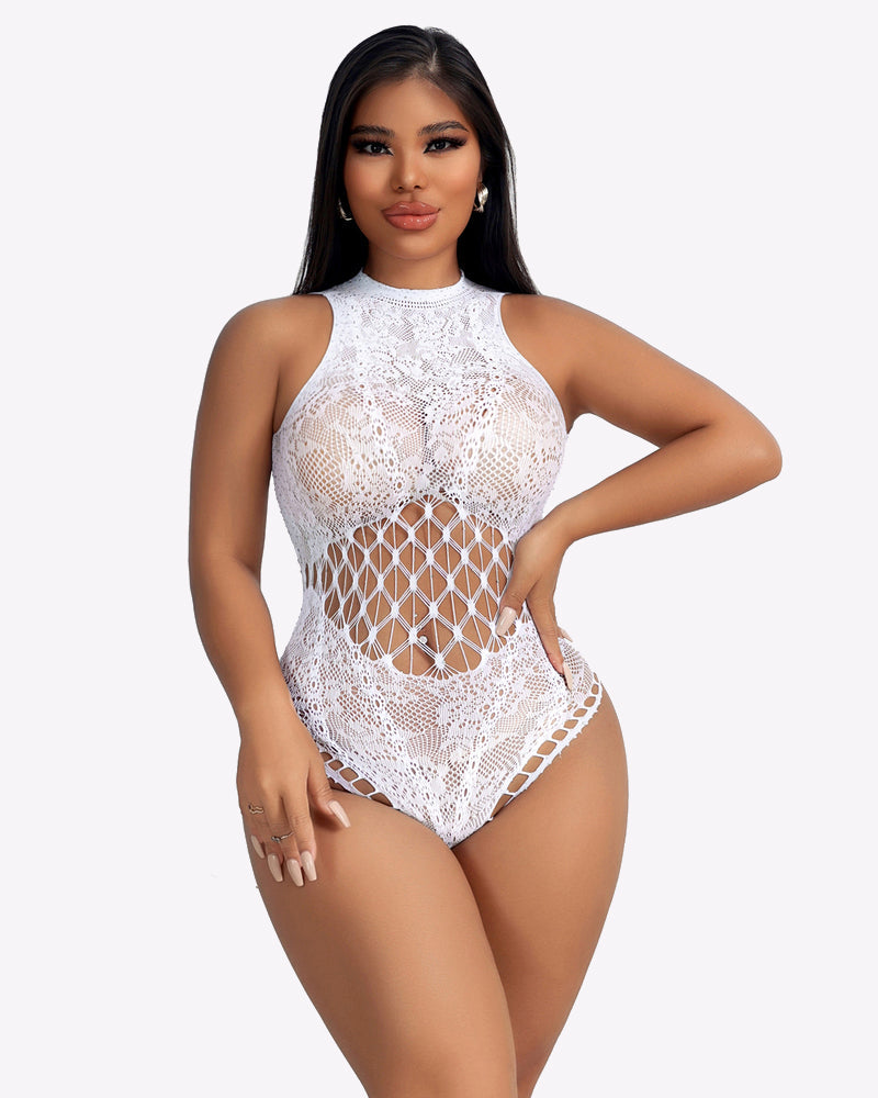 Avidlove white fishnet bodysuit. Sexy lingerie with cut-out design and mesh details.