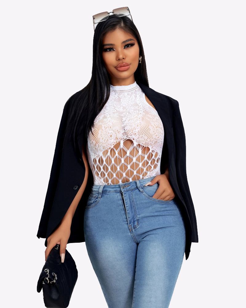 White mesh bodysuit with cut-out design, jeans and blazer. Avidlove sexy lingerie.