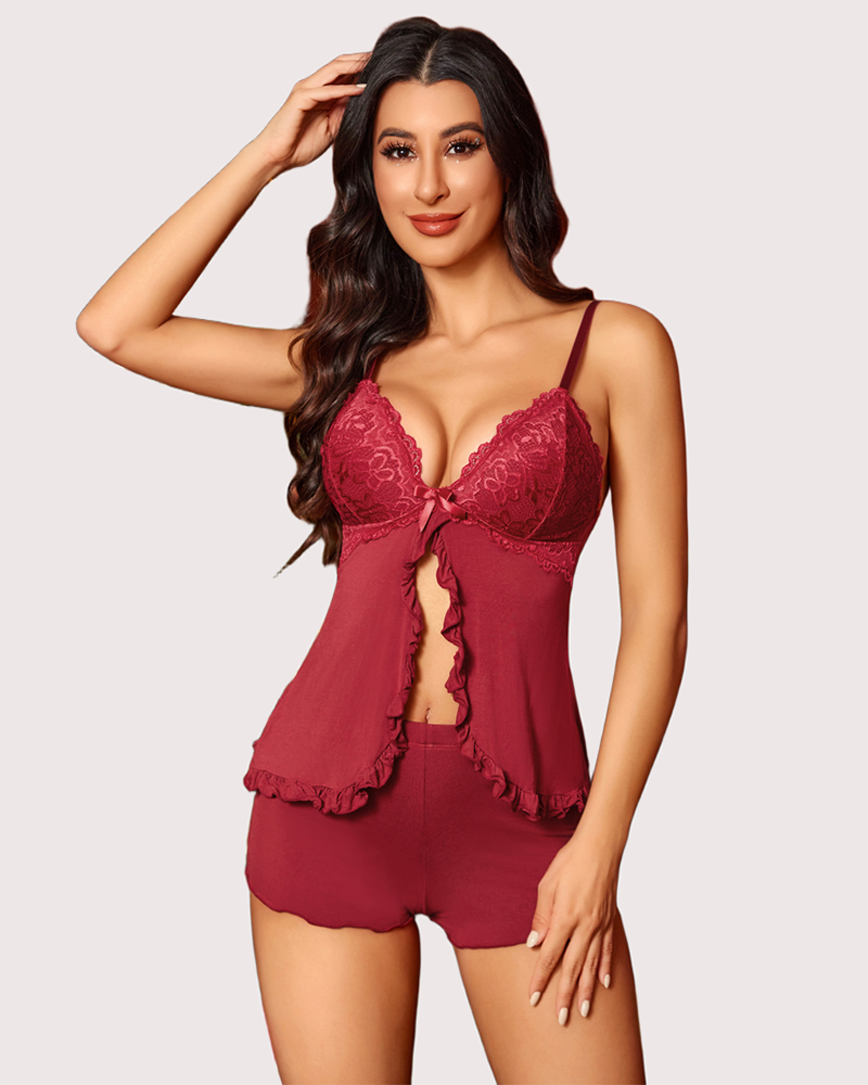 Burgundy modal pajama set with lace, perfect for a comfortable and sexy night's sleep