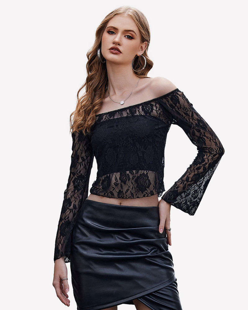 Black lace mesh off-the-shoulder crop top with bell sleeves, perfect for a chic and flirty Y2k look.