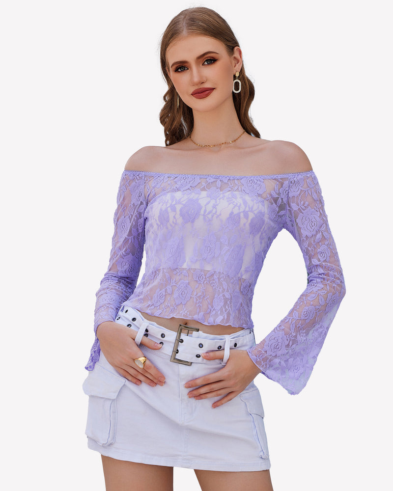 Lilac lace mesh off-shoulder crop top with bell sleeves, Y2k style, with denim skirt.