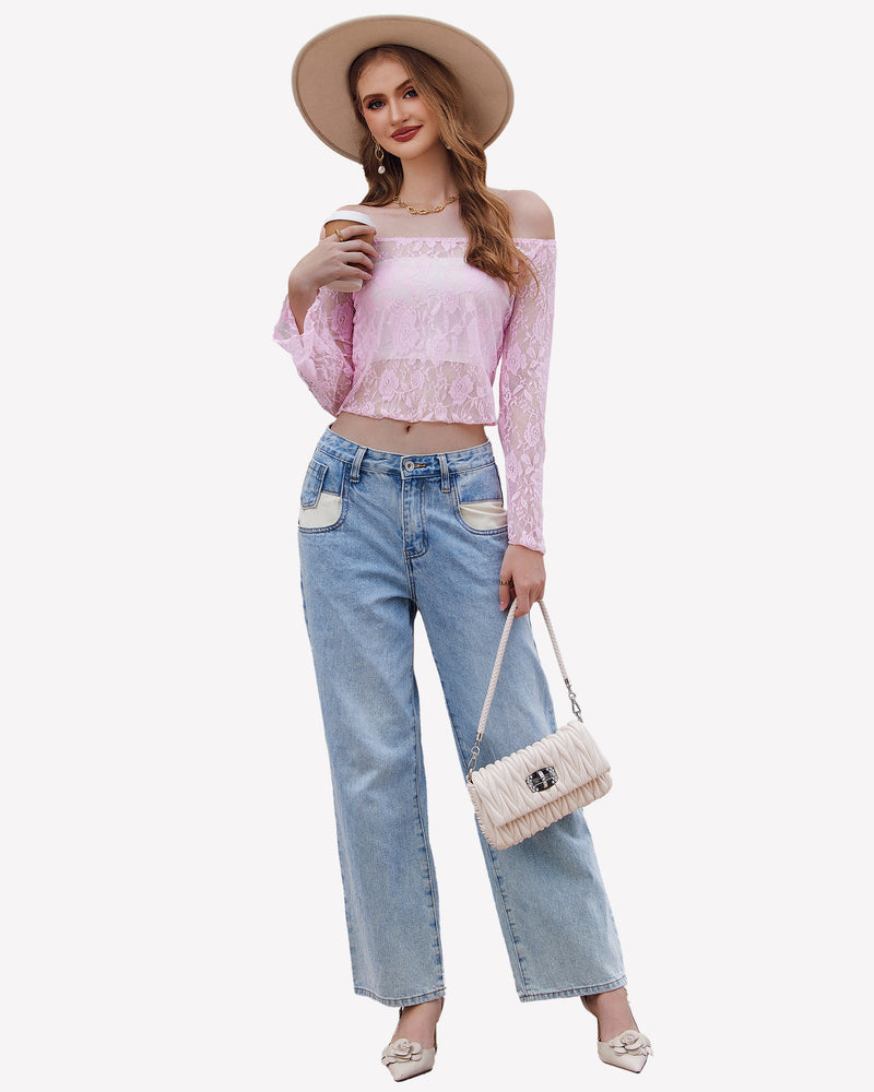 Y2k pink lace mesh off-shoulder crop top with bell sleeves, paired with denim jeans, stylish outfit