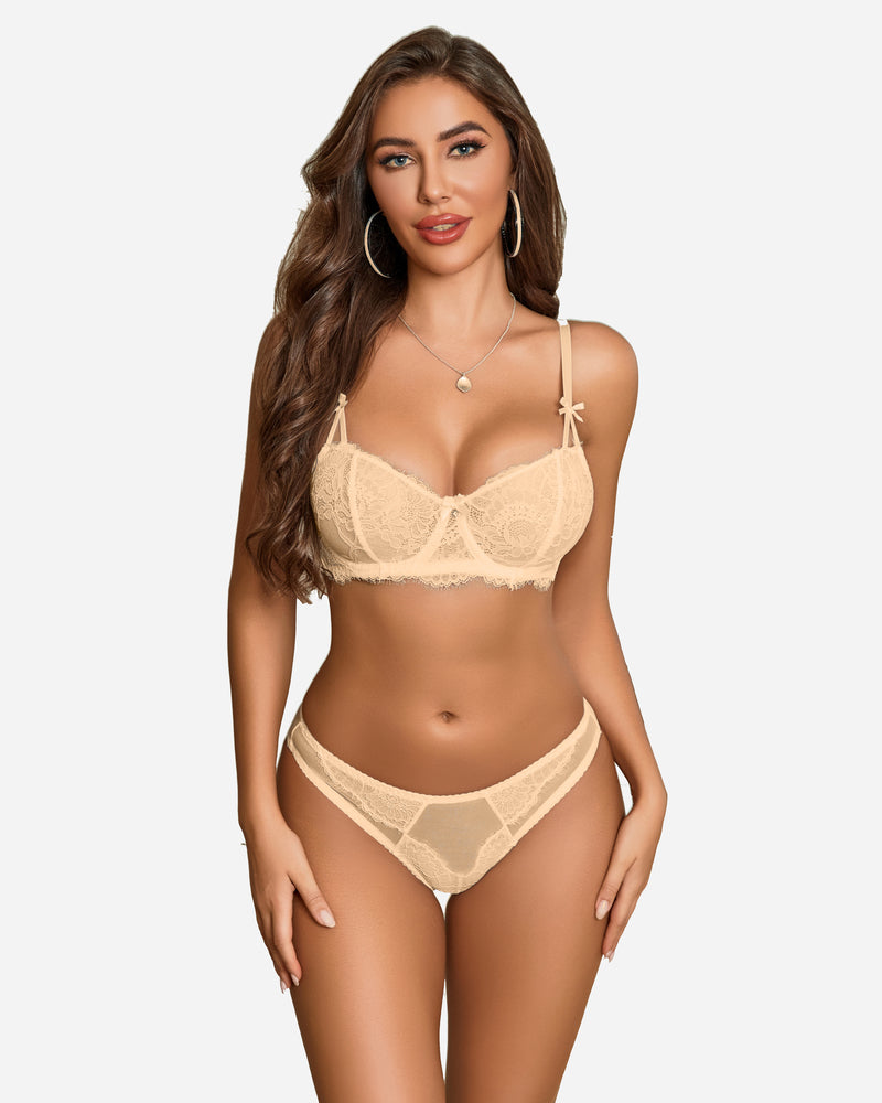 Beige floral lace lingerie set on a model. Sexy bra and panty with adjustable straps.