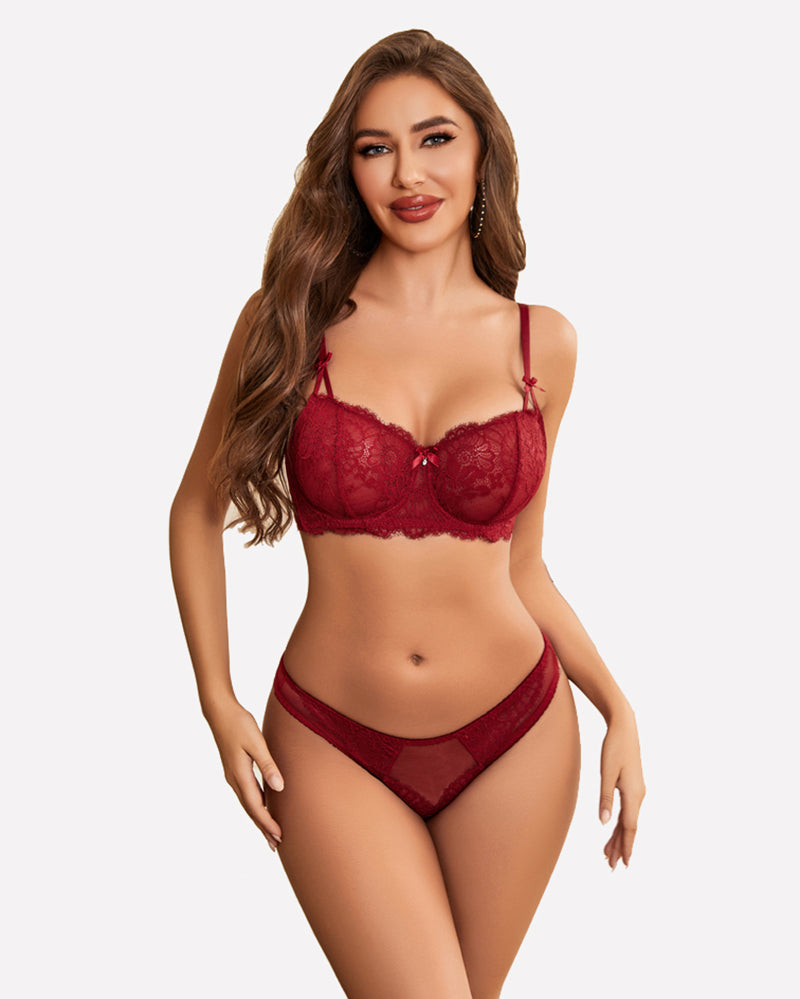 Burgundy floral lace lingerie set. Sheer, floral design bra and panty. Sexy lingerie.