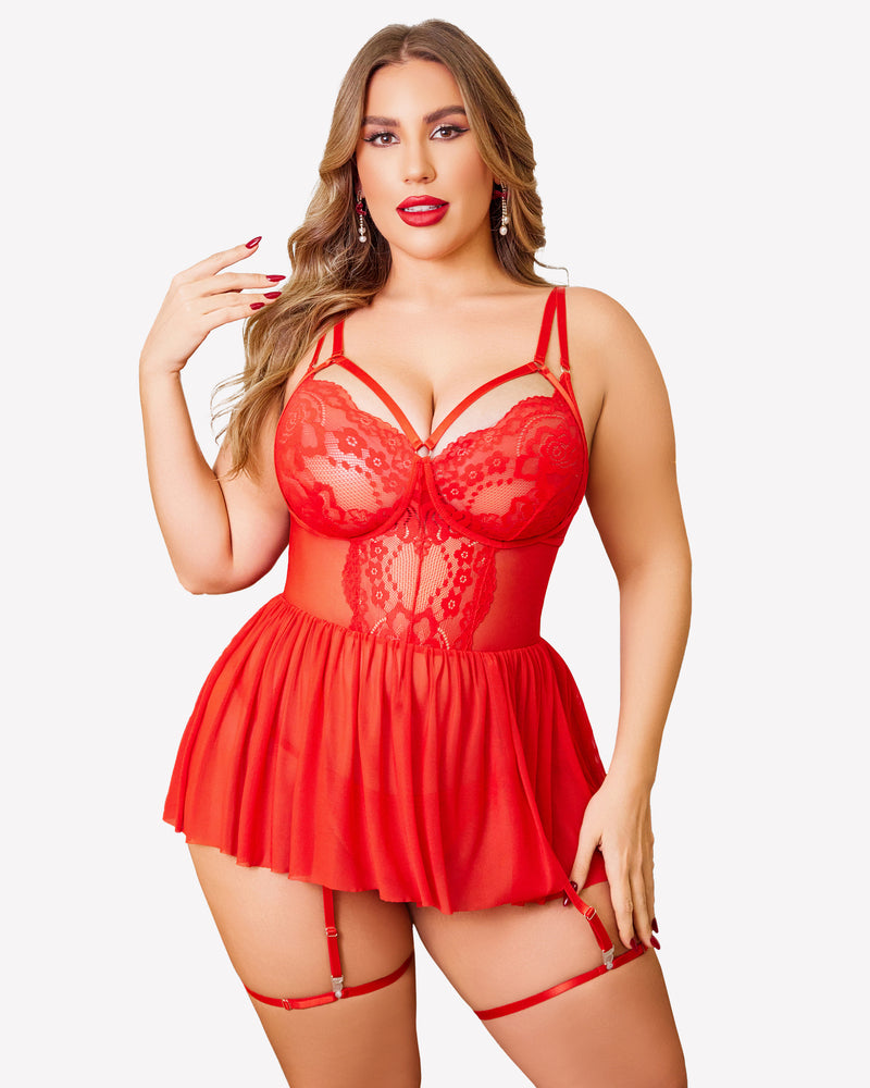 Plus Size Red Lace Babydoll Lingerie Set with Garter Belt