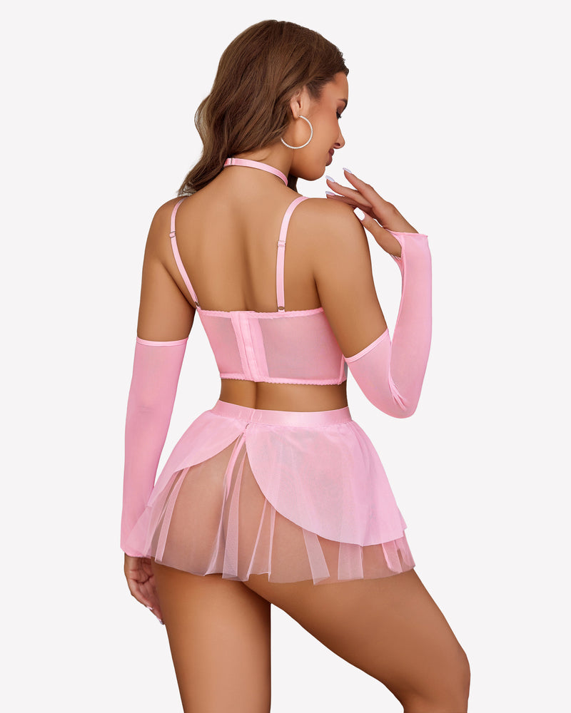 Pink lingerie set with underwire bustier, mini ruffle skirt, arm sleeves, and choker