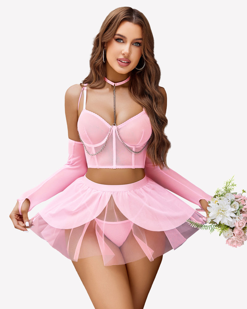 Pink chain linked bustier lingerie set with mini ruffle skirt, underwire top, arm sleeves, and thong