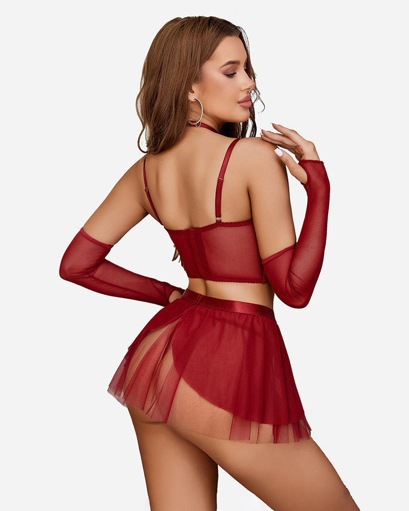 Red bustier lingerie set with mini ruffle skirt, underwire top, arm sleeves, and choker