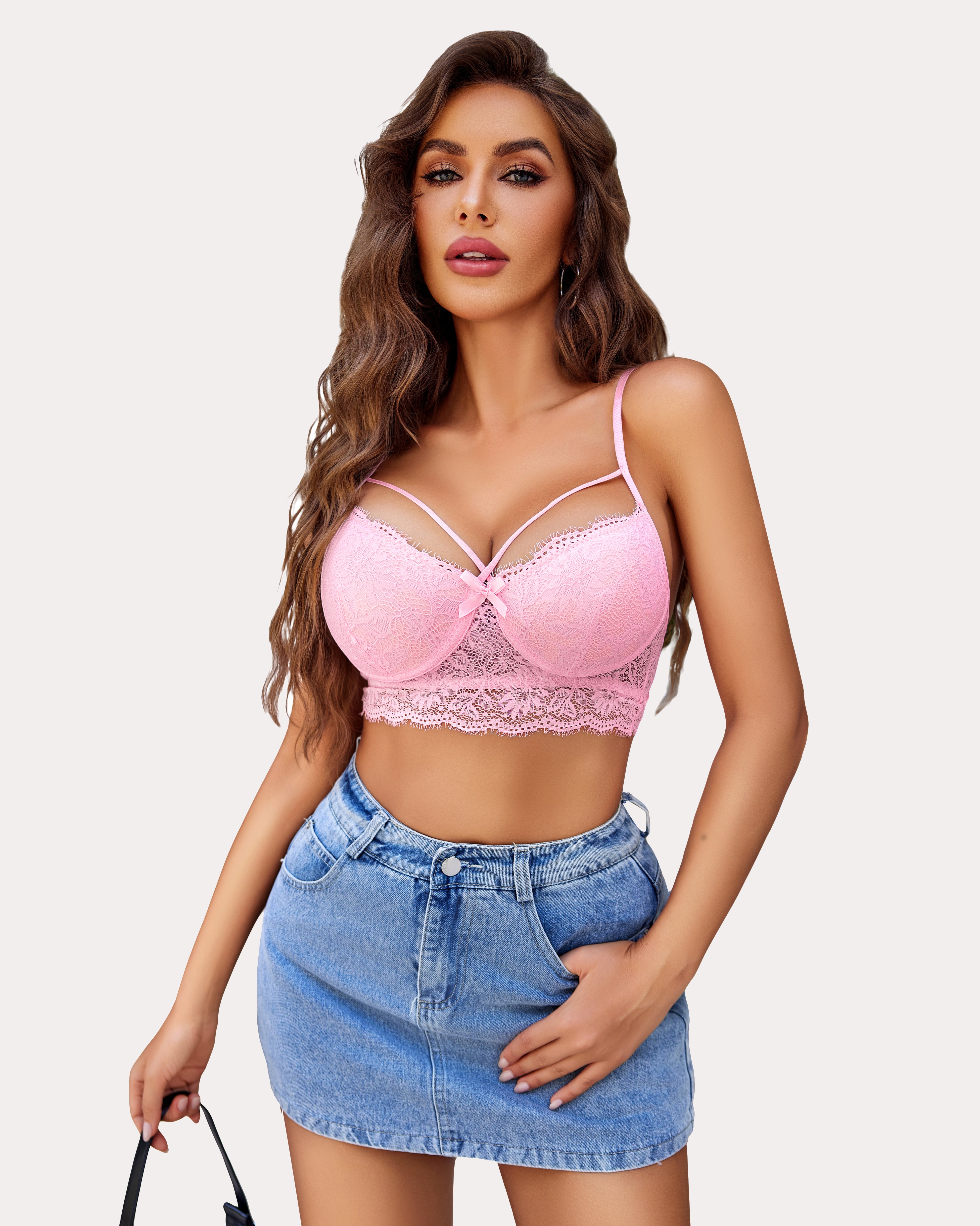 Avidlove pink lace bra, floral design, enhancing curves, paired with denim skirt.