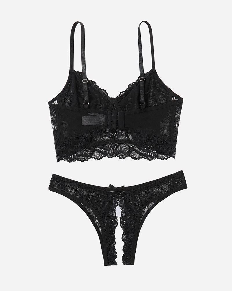 Black lace lingerie set with lace bra and crotchless panty, offering a flattering and sexy look.