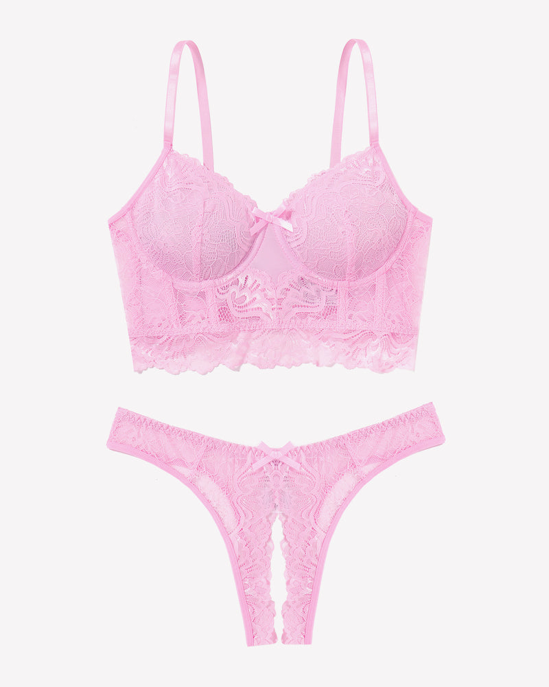 Pink lace lingerie set with bra and crotchless panty, offering a flattering and sexy look