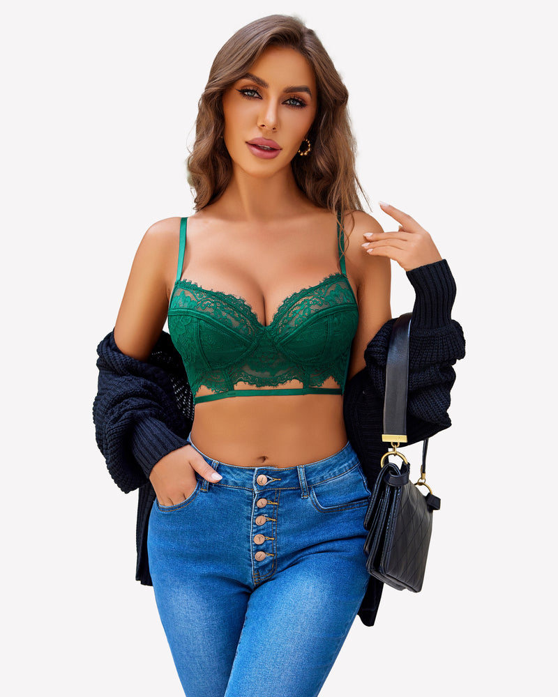 Green lace bra with floral design, adjustable straps, and comfortable fit, paired with blue jeans.