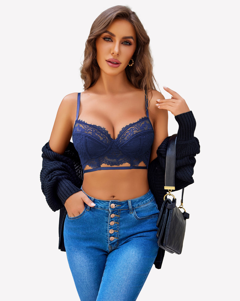 Navy blue floral lace bra and panty set, adjustable straps, comfortable fit, with blue jeans.