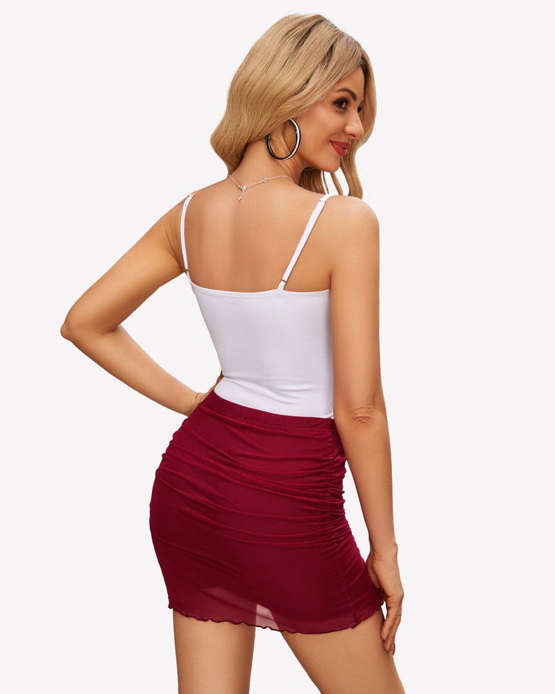 Burgundy ruched bodycon skirt with white top. Double-layered, suitable for parties and daily wear.