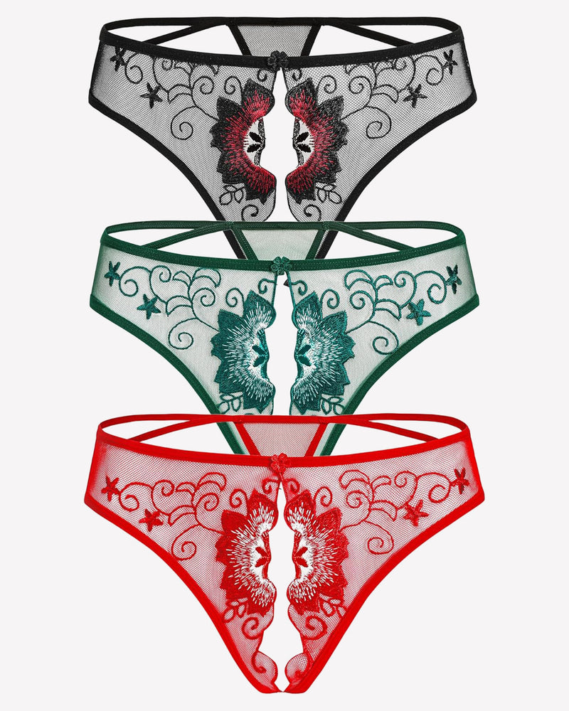 Floral embroidered thong panties in black, green, and red. Low rise design, sexy lingerie for women.