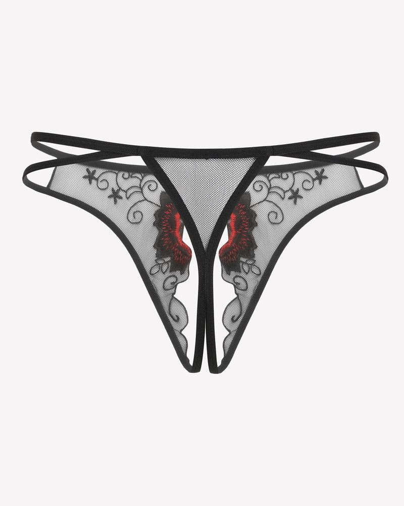 Black embroidered thong panties with red floral details, low rise, sexy lingerie