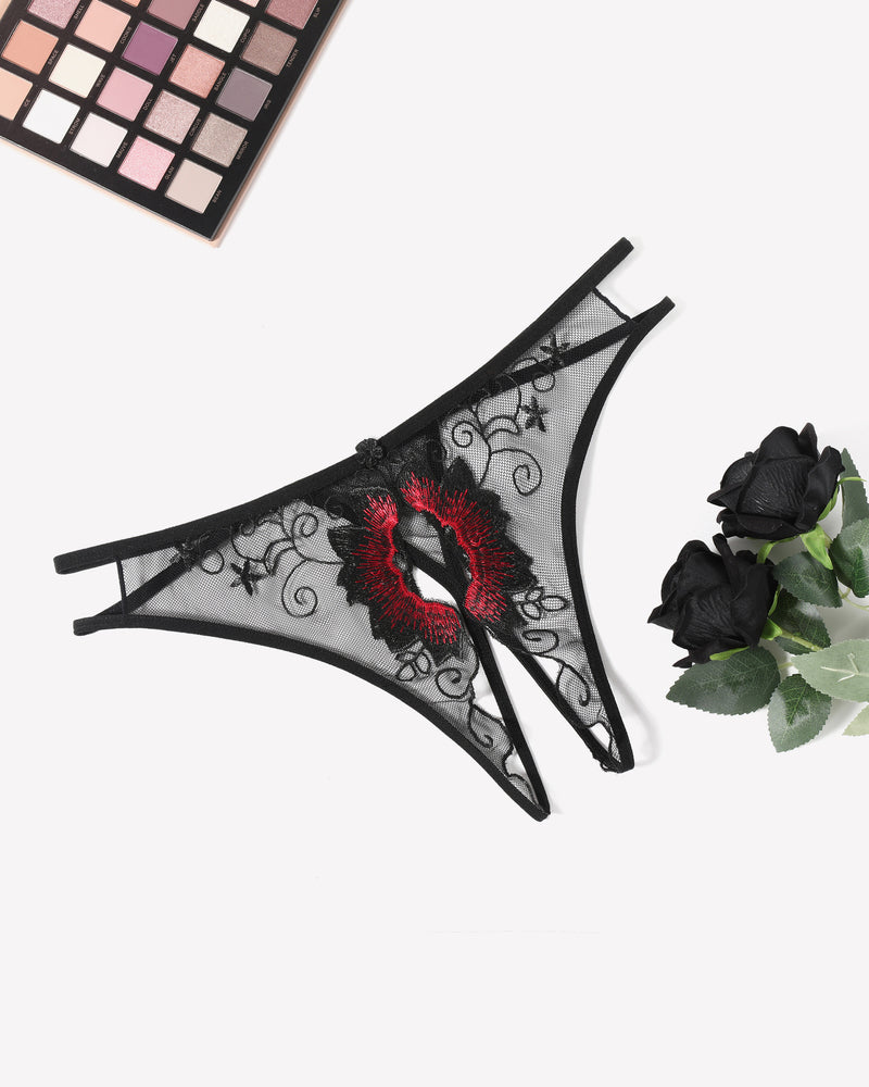 Black floral embroidered thong panty with red flower details, low rise design, sexy lingerie