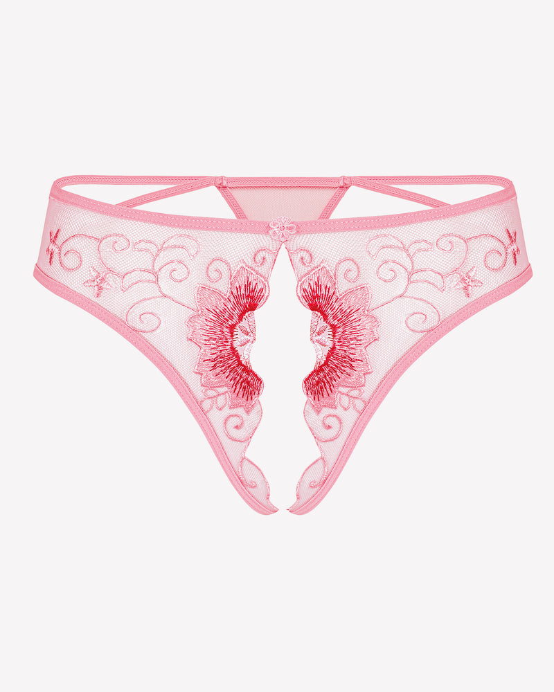Pink floral embroidered thong panties. Low rise design, sexy lingerie with floral embroidery.