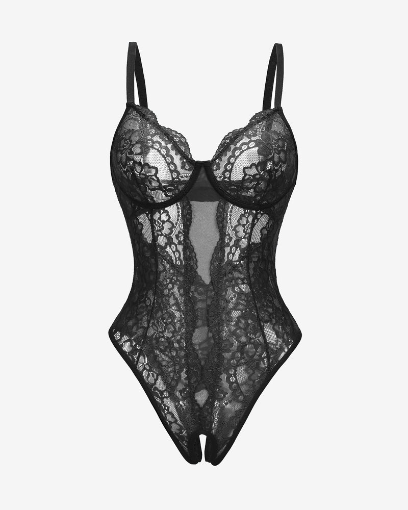 Black lace Deep V cut-out one piece lingerie with adjustable straps and backless design