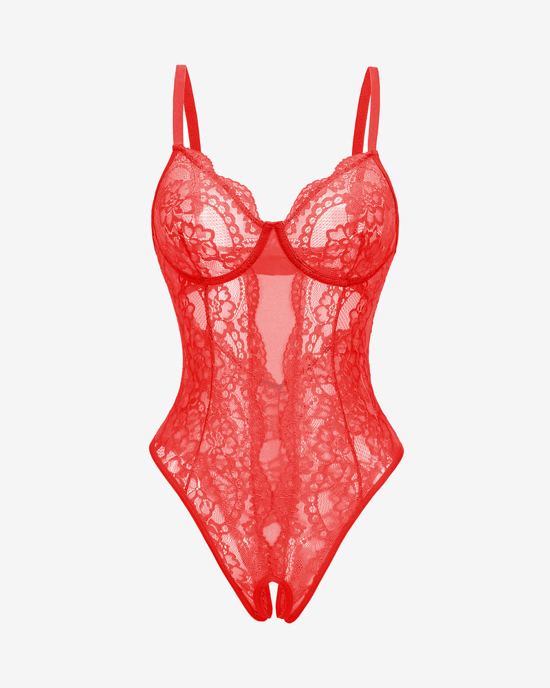 Red floral lace Deep V cut-out one piece lingerie with adjustable straps and backless design