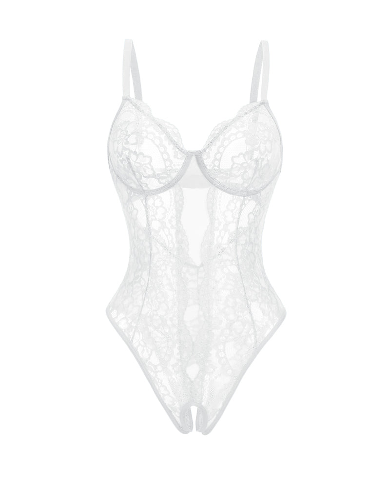 White floral lace Deep V cut-out one piece lingerie with adjustable straps and backless design