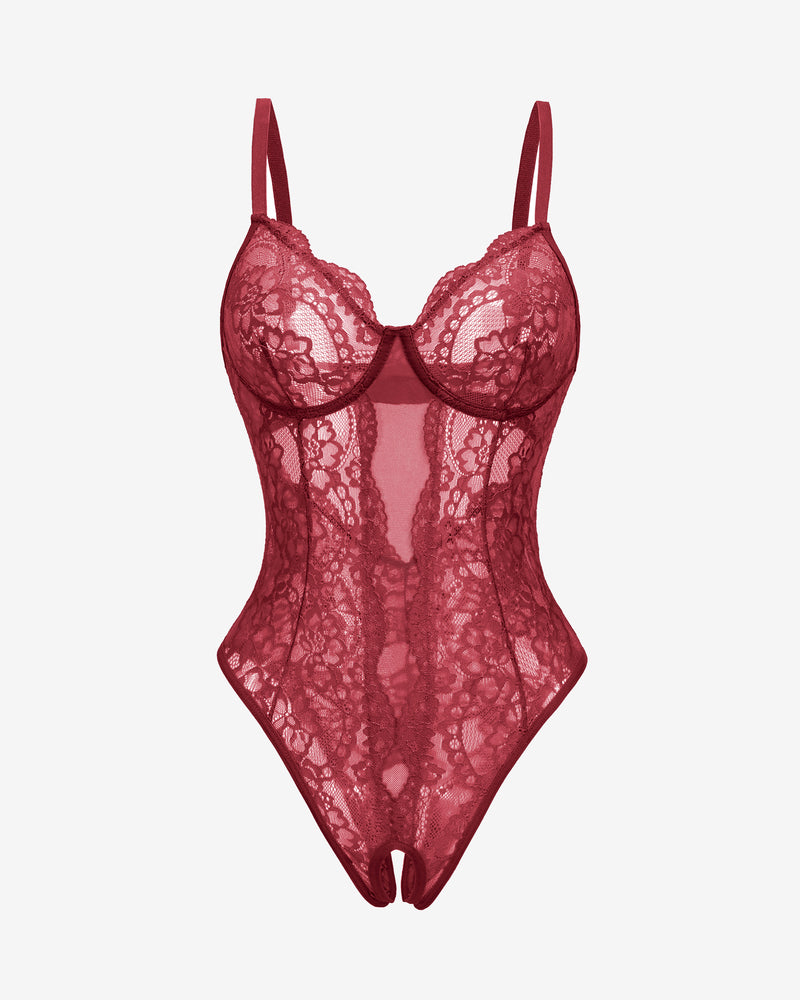 Burgundy lace deep V cut out one piece lingerie with adjustable straps and backless design
