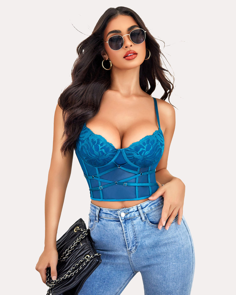 Teal lace corset tank top with floral embroidery, sexy lingerie, paired with jeans and sunglasses