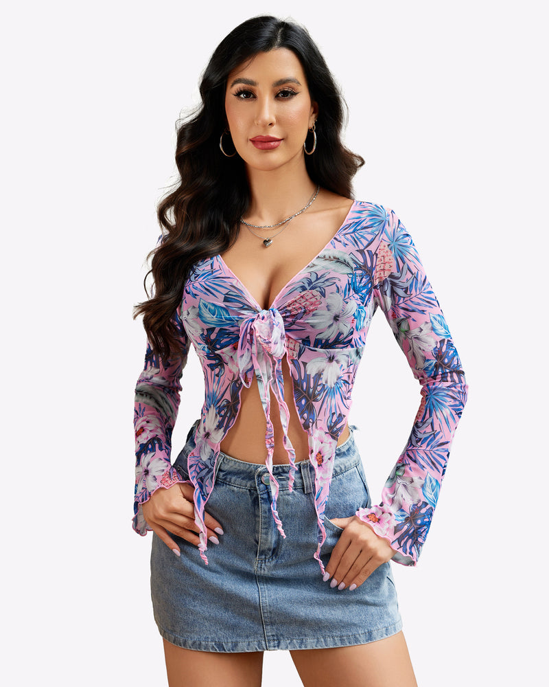 Floral mesh crop top, tie front, Y2K style, with denim mini skirt. Sexy lingerie.