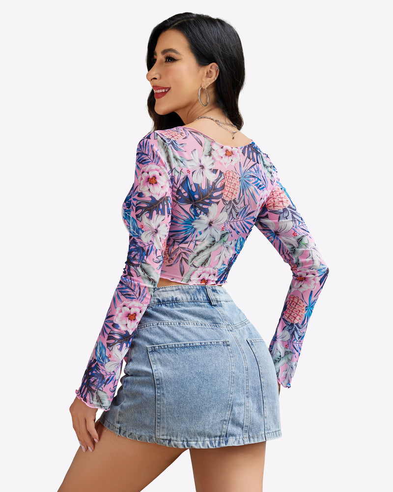 Y2K floral mesh crop top with long sleeves and denim skirt. Tropical print. Sexy lingerie.
