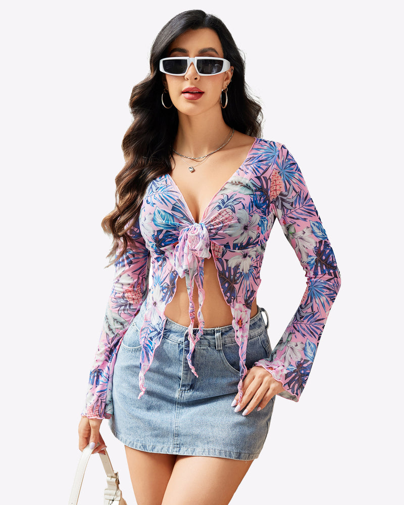 Y2K floral mesh crop top with tie front and denim mini skirt. Sexy lingerie.