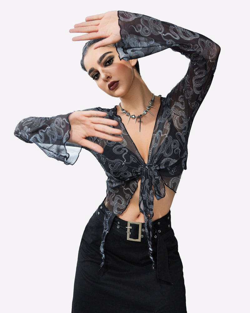 Snake print mesh crop top, Y2K style, tie front. Long sleeves. Sexy lingerie.